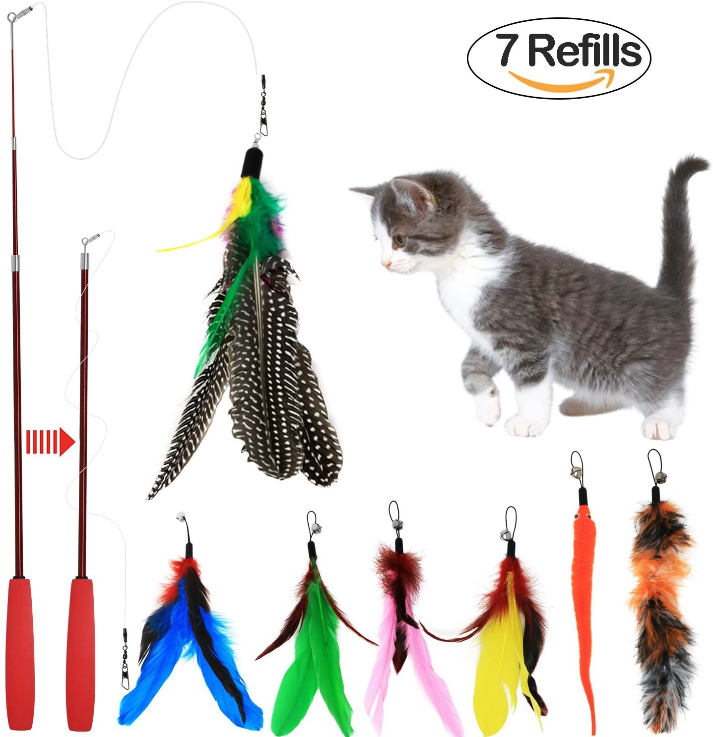 Bascolor Retractable Cat Toys Interactive Feather Teaser Wand